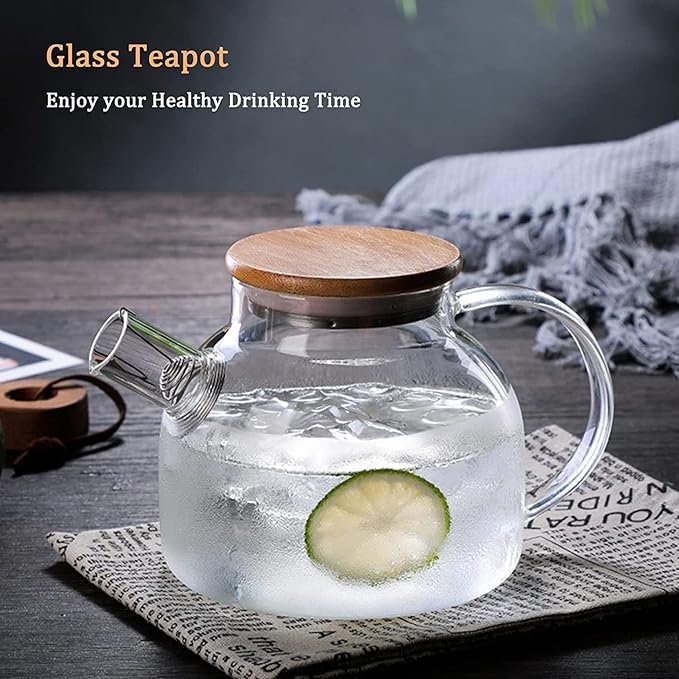 Glass Tea Pot Kettles Stovetop Safe, 33.8oz/1000ml Heatproof Borosilicate Glass Teapot Water Pitcher With Bamboo Lid and Removable Filter Spout for Loose Leaf and Blooming Tea