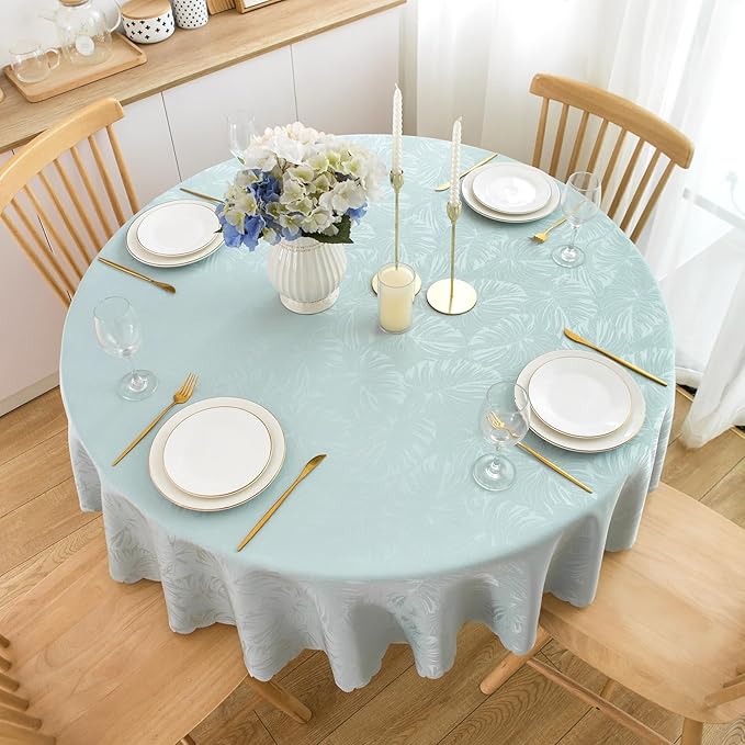 Round Tablecloth 80 Inch Fabric Table Cloth Leaves Pattern Scalloped Edge Silky Soft Tablecloth Waterproof Wrinkle Resistant Washable Table Cover Dinning Party Banquet Decoration (Aqua)