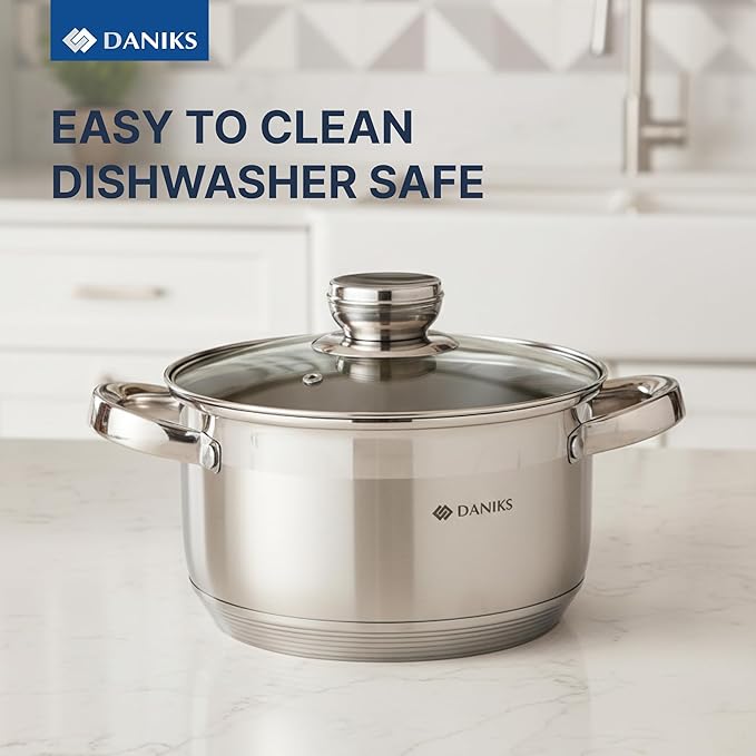 Daniks Standard 2 Quart Stainless Steel Stock Pot with Glass Lid, Try-Ply Bottom for Even Heating, Induction Compatible, Dishwasher Safe, Built-In Measuring Scale, Silver