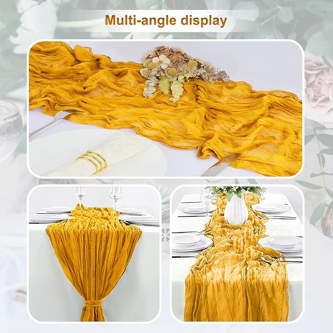 6 Pack Gold Cheesecloth Table Runner 35x120 Inch 10Ft Rustic Gauze Cheese Cloth Table Runner Sheer Cheesecloth Table Runners for Wedding Party Bridal Shower Decoration