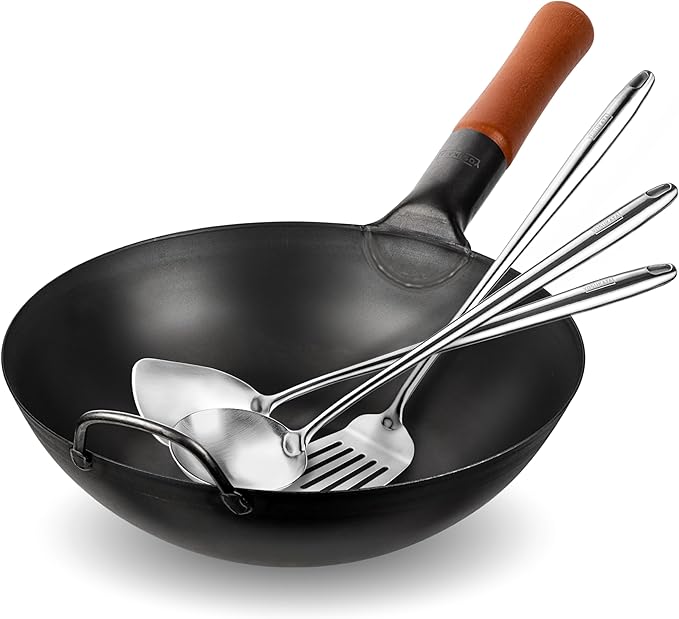 YOSUKATA Carbon Steel 11.8" Stir Fry Wok Pan - Pre-Seasoned Chinese Wok with Flat Bottom, Black Wok for Induction Gas Stovetops + 17" Wok Spatula and Ladle and Turner Spatula - Stainless Stee