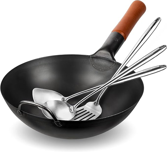 YOSUKATA Carbon Steel 11.8" Stir Fry Wok Pan - Pre-Seasoned Chinese Wok with Flat Bottom, Black Wok for Induction Gas Stovetops + 17" Wok Spatula and Ladle and Turner Spatula - Stainless Stee