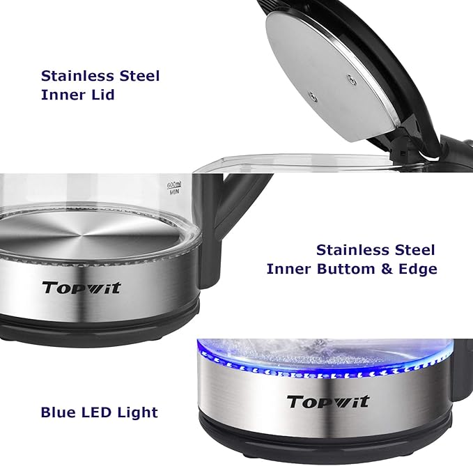TOPWIT Electric Kettle Glass Hot Water Kettle, 2.0L Water Warmer, BPA-Free Stainless Steel Lid & Bottom, Tea Kettle with Fast Heating, Auto Shut-Off & Boil Dry Protection