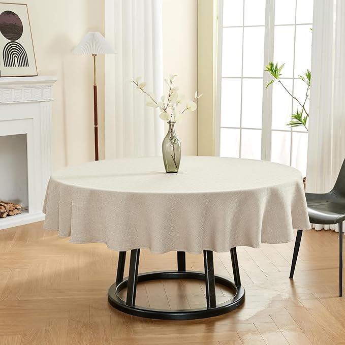 BALCONY & FALCON Round Tablecloth Washable Wrinkle Resistant and Water Proof Table Cloth Decorative Linen Fabric Tablecloths for Dining Parties Kitchen Wedding and Outdoor Use (Beige, 107" Round)