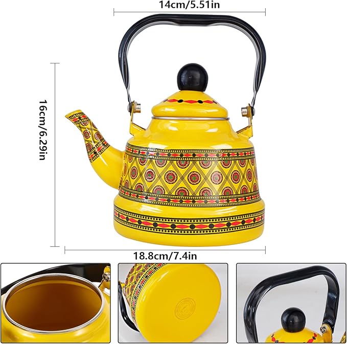 1.1L Arab style Vintage Tea Kettle,Enamel Tea Kettle with Handle,Enameled Teapot Stovetop,Hot Water Kettle for Home Kitchen Decor, No Whistling (Yellow)