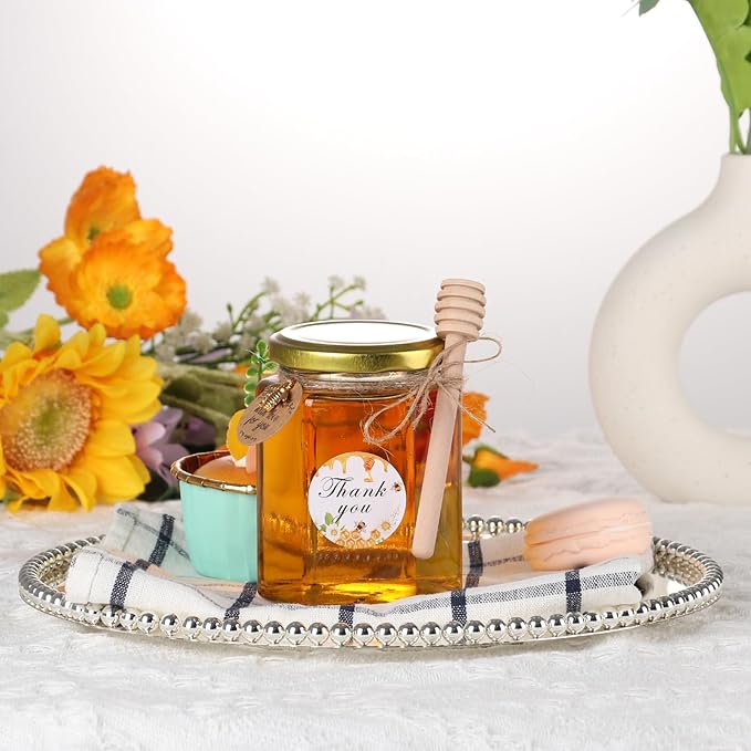 AuroTrends 9oz Honey Jars with Dipper 6Pack, 270ML Small Glass Jars with Lids -Small Canning Jars with Wooden Dippers/Bee Charms/Stickers/Jute Twine (9fl.oz-6Pack)