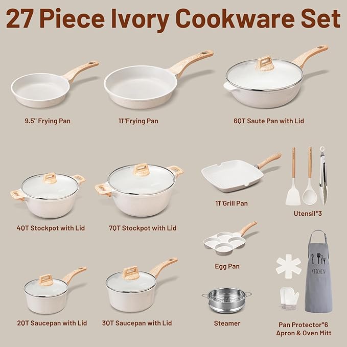 AOSION 27PCS Pots and Pans Set, Nonstick Ceramic Cookware Set, Healthy Kitchen Cooking Set with Gloves, Apron, Silicone Tools & Pot Protectors, Oven & Dishwasher Safe, PFOA/PFOS Free，Ivory