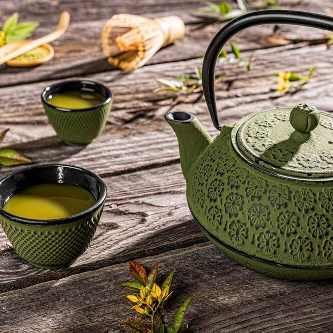 Restaurantware-30 Ounce Japanese Teapot, 1 Enamel Coated Japanese Tea Kettle - Cherry Blossom Design, Includes Mesh Strainer, Green Cast Iron Primitive Kettle, For Teabags And Loose Leaf Tea