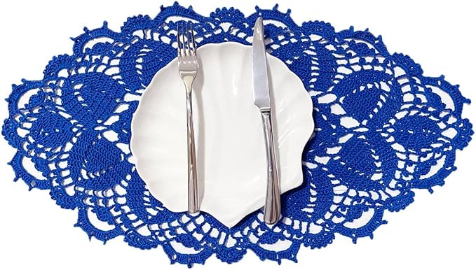 BIBITIME Lace Tablecloth Doily Handmade Crochet Placemat Women Vase Mat Kitchen Table Runner (4PCS- 12 x 22 in, Blue)