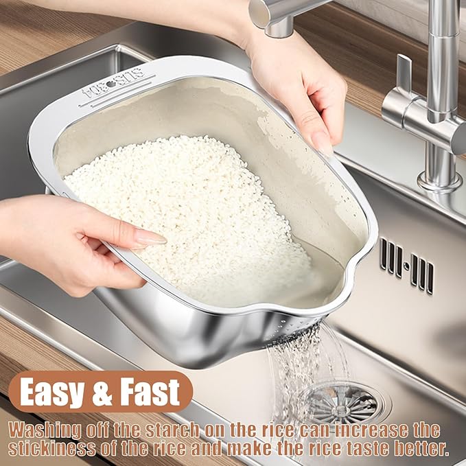 Rice Washer Strainer Bowl, Stainless Steel Washing Bowl whit Side Drainers, Versatile Square Quinoa Colander for Cleaning Rinsing Fruits, Vegetables, and Beans - Multifunctional Drain Basket