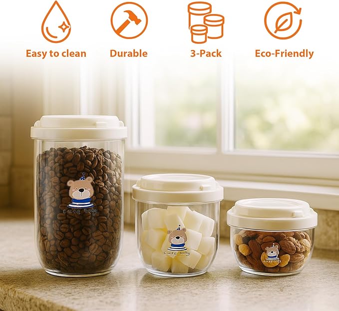 3 Pack Small Airtight Food Storage Containers with Lids, Clear Stackable BPA-Free Plastic Jars for Coffee, Sugar, Snacks & Countertop Organization