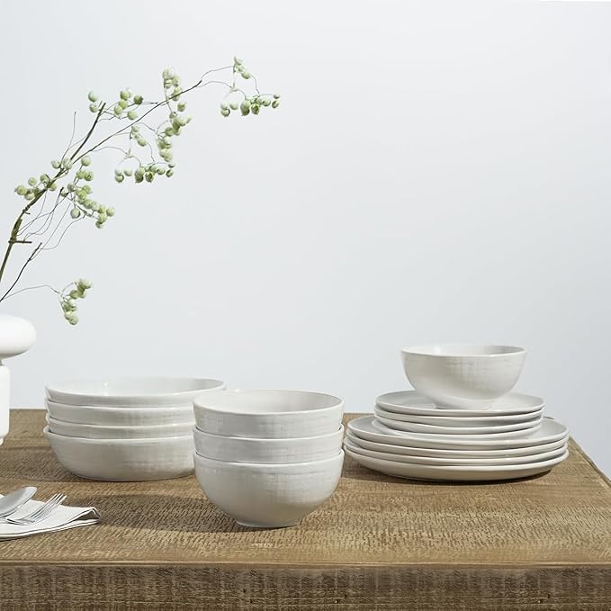 Famiware Moonlight Plates and Bowls Sets, 24 Pieces Stoneware Dinnerware Sets with Linen Finish, Dishware set for 8, Microwave and Dishwasher Safe, Chip and Scratch Resistant, White