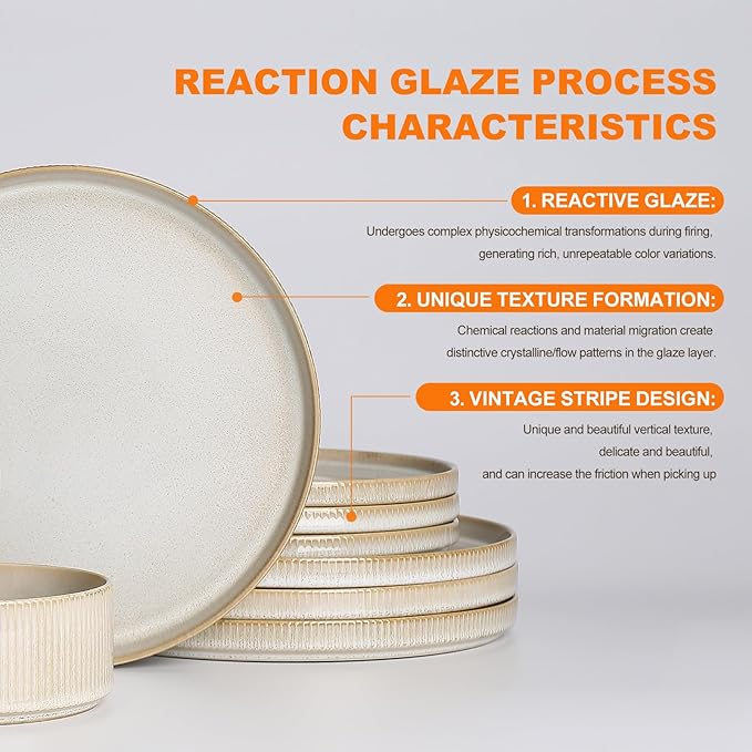 MONITO 12PCS Stoneware Plates and Bowls Sets, Ceramic Dinnerware Sets for 4, Reactive Glaze Dish Set, Chip and Scratch Resistant Double, Microwave and Dishwasher Safe, Beige