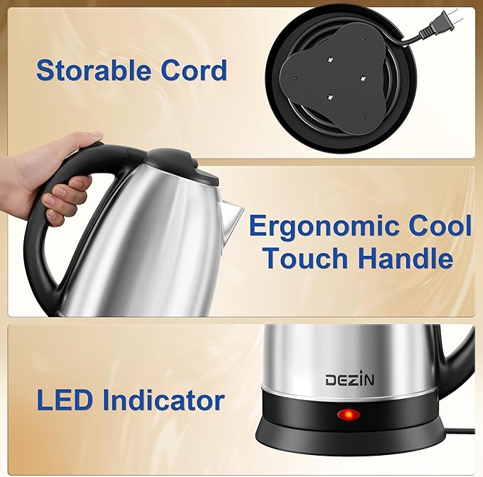 DEZIN Electric Kettle Upgraded, BPA Free 2L Stainless Steel Tea Kettle, Fast Boil Water Warmer with Auto Shut Off and Boil Dry Protection Tech for Coffee, Tea, Beverages