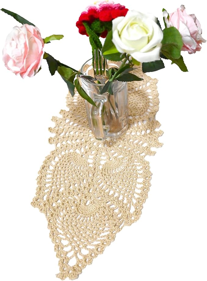 BIBITIME Crochet Lace Table Doilies Eyes Flower Doily Kitchen Vase Place Mats (7 in x 21 in,Pack of 1PC, Style02-Beige)