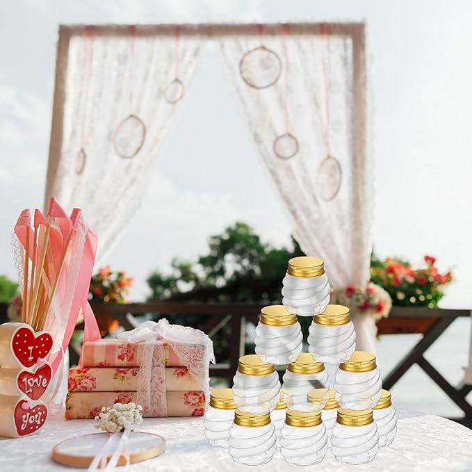 Suclain 50 Pcs 2 oz Mini Honey Jars Party Favors in Bulk Honeycomb Plastic Jars with Gold Lids Wide Mouth Canning Small Containers for Wedding Favors, Baby Shower DIY Gift Jelly Herb Jams Candy
