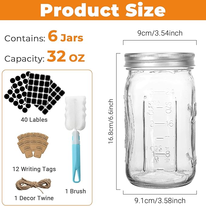 CycleMore 32oz Mason Jars, 6 Pack Large Glass Mason Jar with Metal Airtight Lids and Bands, Wide Mouth Glass Jars, 1 Quart Canning Jars for Pickling, Fermenting, Food Storage & DIY Projects