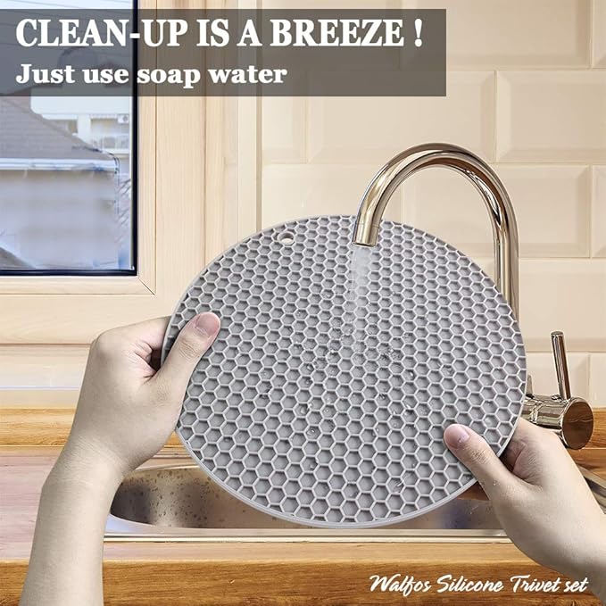 Silicone Trivet Mats - Walfos Heat Resistant Pot Holders Set, 4pcs 2 Sizes 7 Inch & 9 Inch, Multipurpose Non-Slip Hot Pads for Hot Pot, Hot Dishers, Jar Opener, Food Grade & BPA Free (Nordic Grey)