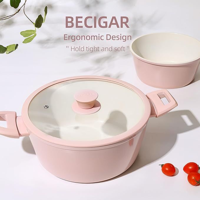 23pcs Ceramic Pots and Pans Set, Nonstick Detachable Handle Cookware, Induction Kitchen Cooking Set with Removable Handle,include Frying Pans & Saucepans Oven Safe(Pink)
