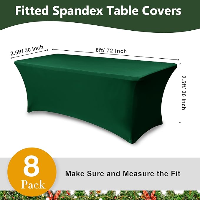 Table Cover for 6 Foot Rectangle Tables-8 Pack Hunter Green Fitted Stretch Tablecloth-Spandex 6ft Christmas Tablecloth for Party, Vendor Booth Display, Banquet Buffet Event, Craft Trade Show
