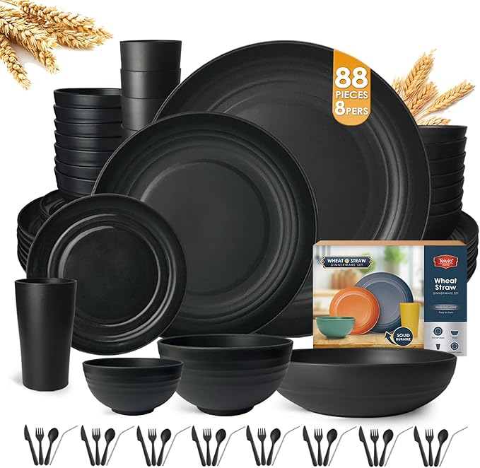 Teivio 88-Piece With Flatware Kitchen Plastic Wheat Straw Dinnerware Set for 8, Dinner/Dessert/Appetizer Plates, Cereal Fruit Bowls, Pasta Bowls, Cups, Unbreakable Dishwasher Safe Outdoor Dish, Black