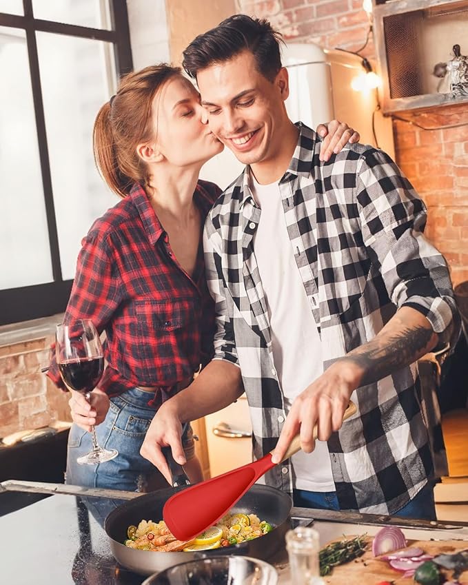 Cooking Spoon for Nonstick Cookwares, Great for Cooking and Serving Sturdy BPA-Free Matte Silicone, Wood Handle Spoon for Mixing, Scoop, and Scrape (2 Pack of Red, 13.4 inch)