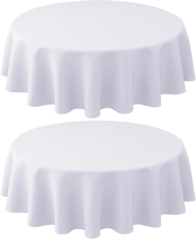 Biscaynebay 2 Pack Textured Fabric Round Tablecloths 60'' for Tables diameters from 28" to 48", White Table Cloth Water Resistant Small Circle Folding Table Covers for Dining Kitchen Wedding Parties
