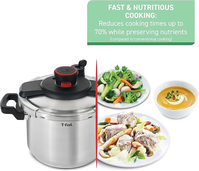 T-fal Clipso Stainless Steel Pressure Cooker, 6.3 Quart, Induction Cookware, Secure Locking System, One Hand System, Recipe Book Included, Pots and Pans, Kitchen, Silver