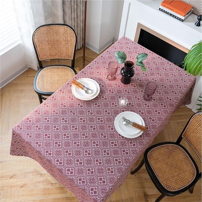 Rectangular Tablecloth Jacquard Festive Tablecloth Red Thick Tablecloth Diamond Geometry Suitable for Restaurant Camping(100 * 140cm)