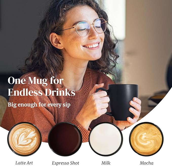 DOWAN Coffee Mugs, Black Coffee Mugs Set of 6, 16 oz Ceramic Coffee Cups with Large Handles for Men Women, Porcelain Big Mug for Tea Latte, Mug Gifts for Home Office Party