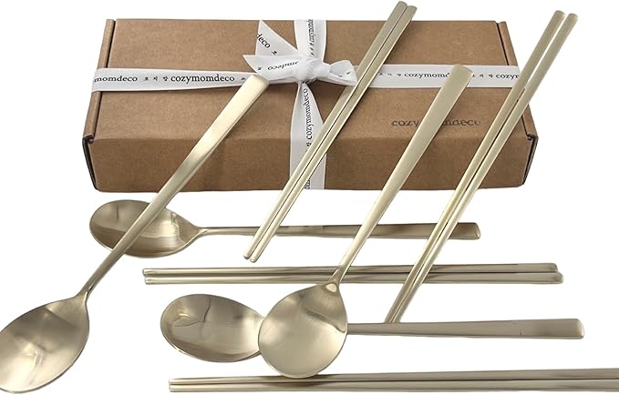 Korean Made Traditional Utensil Chopstick Set Flatware Champagne Gold Stainless Steel Spoon & Chopsticks Comfortable Grip Stocking Stuffer