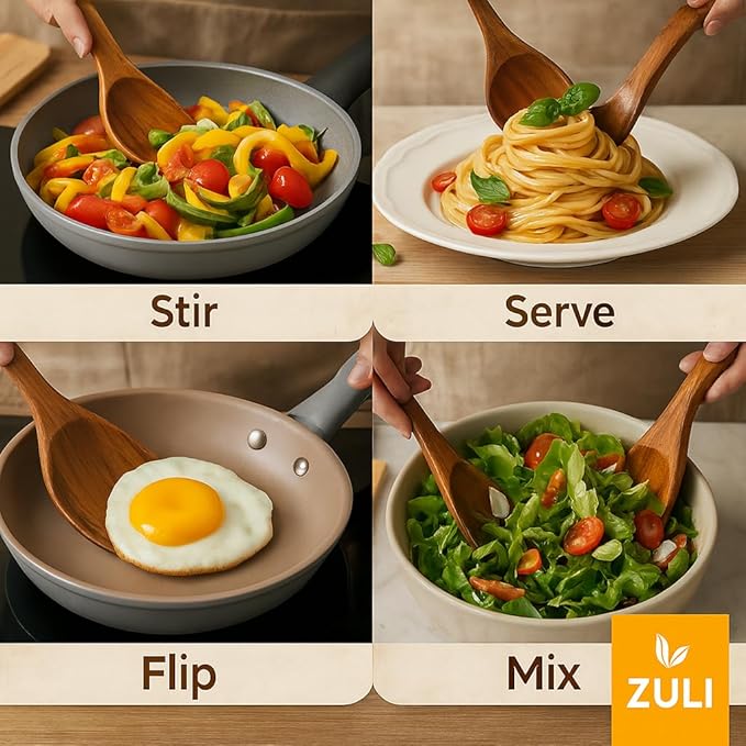 6-Piece Teak Wooden Cooking Utensil Set – Spoons and Spatulas for Nonstick Cookware, Non-Scratch Heat-Resistant Eco-Friendly Kitchen Tools