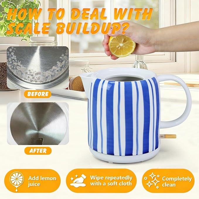 1.0-Liter Ceramic Electric Kettle, 1000W Rapid Boil, Tea Kettles Pot & Hot Water Boiler For Coffee & Tea, Teapot Auto Shut-Off, Boil-Dry Protection(A24)