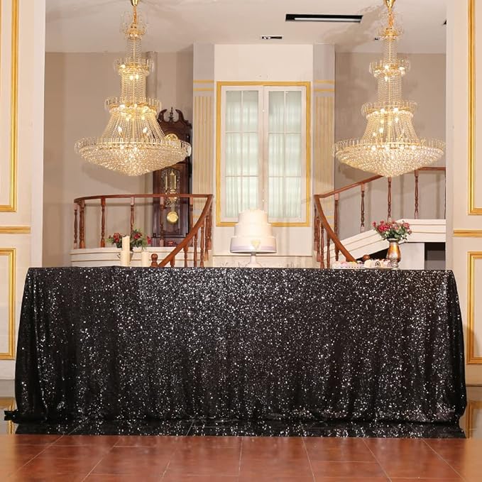 Eternal Beauty Black Tablecloth, 90x156 Inch Sequin Rectangle Table Cover for Cake Dessert Exhibition Party Birthday Events