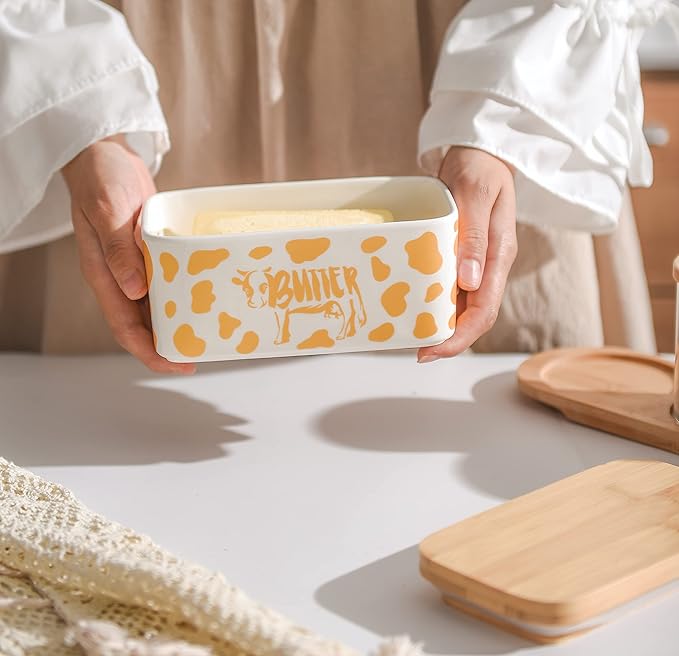 Butter Dish with Lid, Farmhouse Cow Butter Dish, Covered Butter Holder, Two Sticks of Butter, Large Covered Tray with Bamboo Lid (Gold)