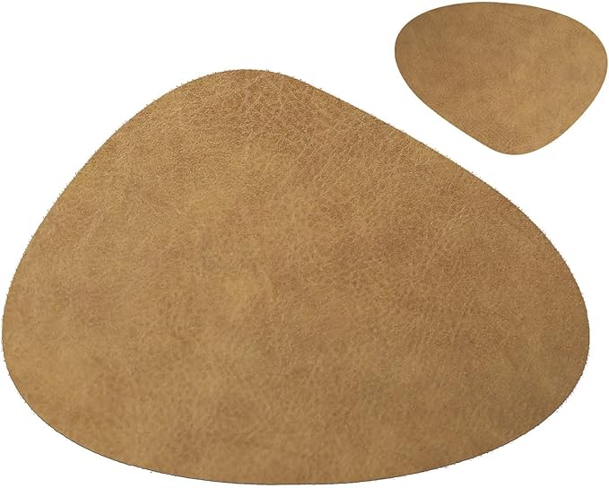 Faux Fur Placemats and Coasters Set of 1/4/6 Drop-Shaped Food Grade Table Plate Mats Kitchen Accessories Coaster Cup(CO tan Brown,1 Set)
