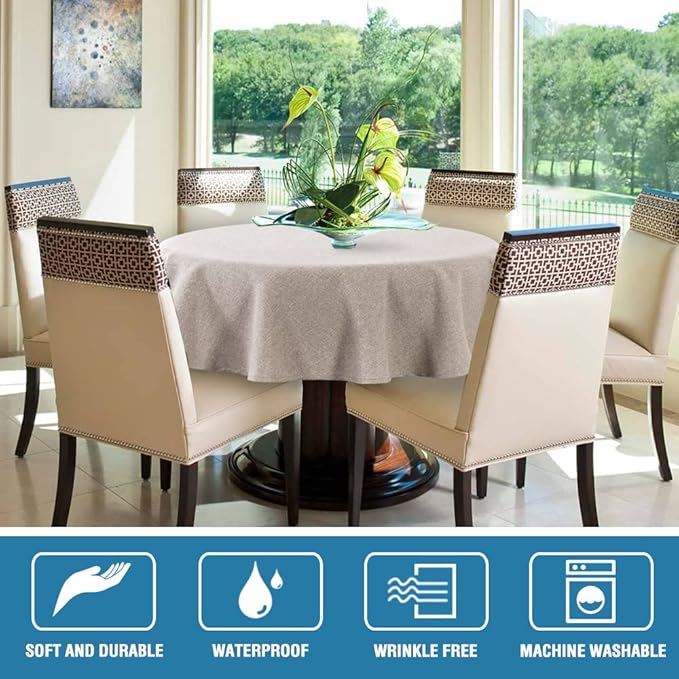 H.VERSAILTEX Linen Textured Tablecloth Round 70 inch Waterproof Decorative Table Cloth Spill-Proof Linen Look Cover for Party Table Extra Soft and Thick Fabric Wrinkle Free, Heather Sand