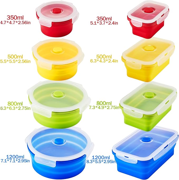 Zopeal 8 Pcs Collapsible Food Storage Containers Foldable Silicone Lunch Containers with Lids 4 Silicone Rectangle Collapsible Bowls and 4 Round Food Bowls Microwave Freezer Dishwasher Safe (Colorful)
