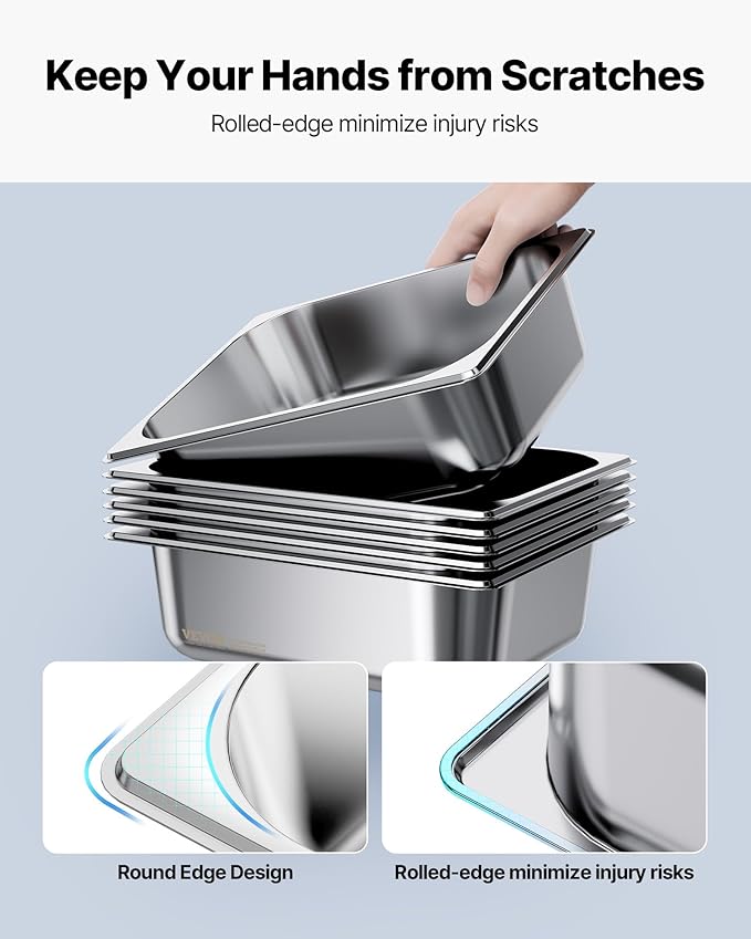 VEVOR 6 Pack Stainless Steam Hotel Pans, 1/2 Size Table Steam Pan, 4 Inch Deep Anti Jam Restaurant Supplies Reusable Rustproof Catering Storage for Home, Party, Restaurant, Hotel, Buffet