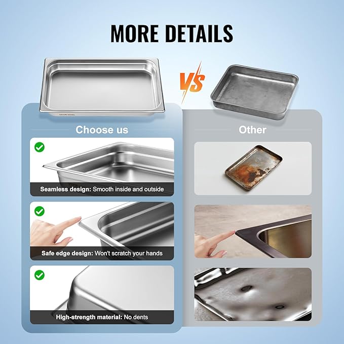 VEVOR 6 Pack Stainless Steel Hotel Pans,2.5-Inch Deep 0.8mm Thick Commercial Food Pans, Anti-Jam Catering Trays for Steam Tables, for Home, Party, Restaurant, Hotel, Buffet