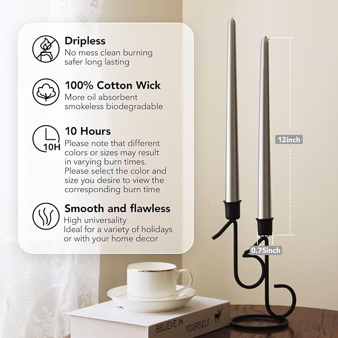 12-Inch Tall Dripless Taper Candles Set of 4 - Silver Tapered Candles, Perfect for Wedding,Christmas - Smokeless, Unscented, Long Burning - Hand Poured, Colored Tall Candlesticks - Plata