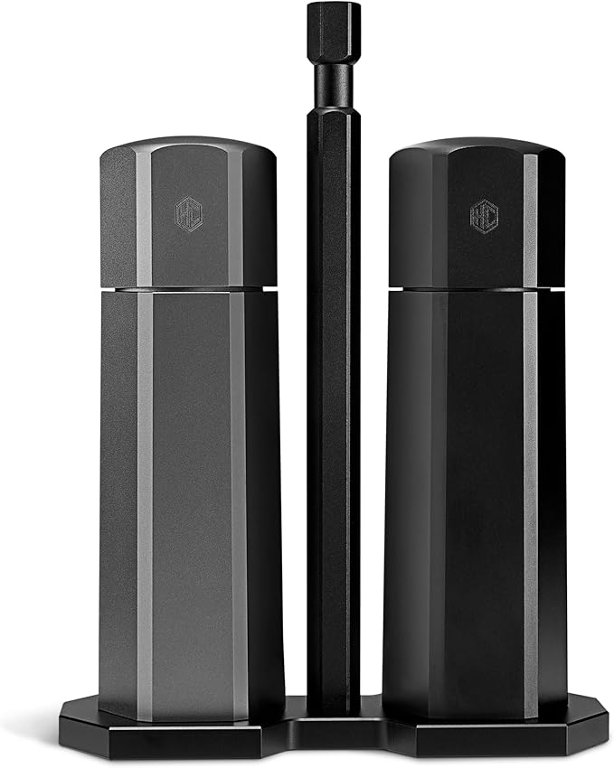 HexClad HexMill Tabletop Salt and Pepper Grinder Set with Stand, 10 Adjustable Grind Settings, High-Efficiency Burr, Solid Milled Aluminum Build, Easy-Fill Cap, Convenient 5.25" Size for Tabletop Use
