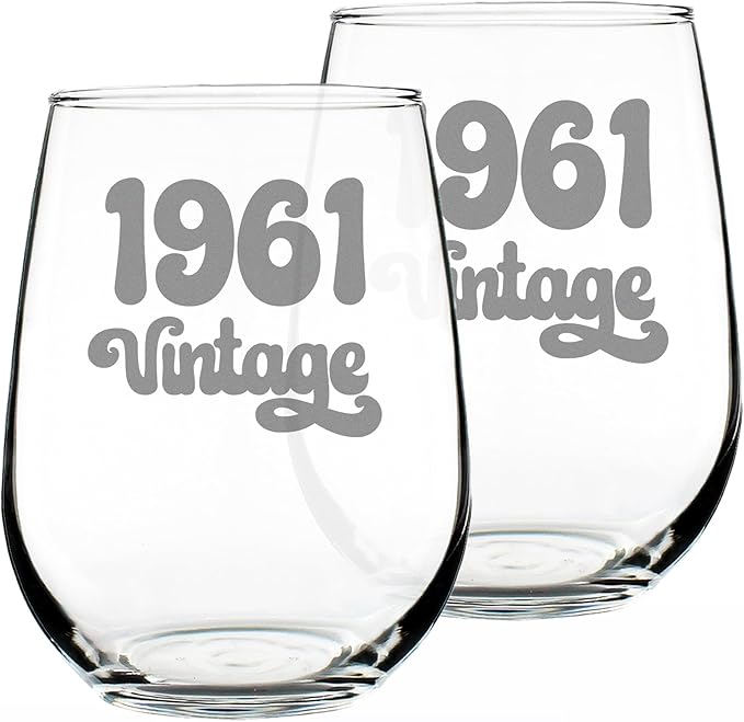 Bevvee Vintage 1961 Stemless Wine Glass - 65th Birthday Gifts for Women & Men Turning 65 - Bday Party Decor - Set of 2 - Large 17 oz