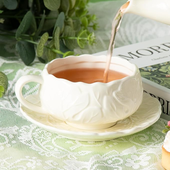 KAMMAK Tea Cups and Saucers Set of 2, Porcelain Coffee Cups, 10-Ounce Stackable Espresso Mugs, Ceramic Demitasse for Coffee, Latte, Americano, Tea, Lucky Cream