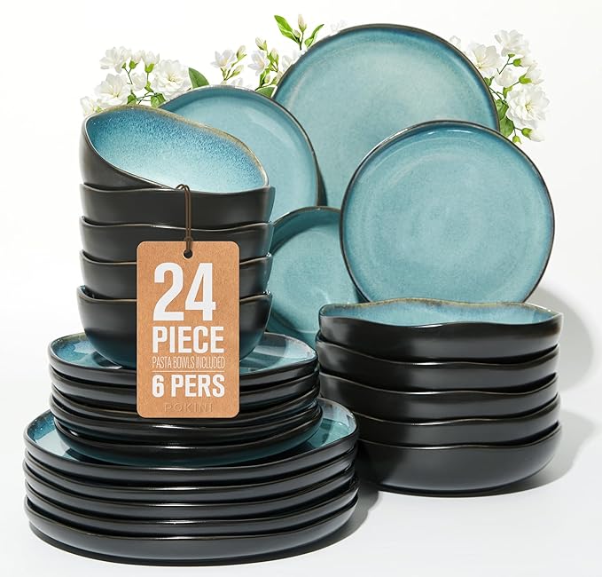 24 Pieces Dinnerware Set for 6 with Pasta Bowls, Complete Ceramic Dish Set, Stackable & Glossy Stoneware Plate and Bowl Set for Effortless Everyday Hosting, Green Black