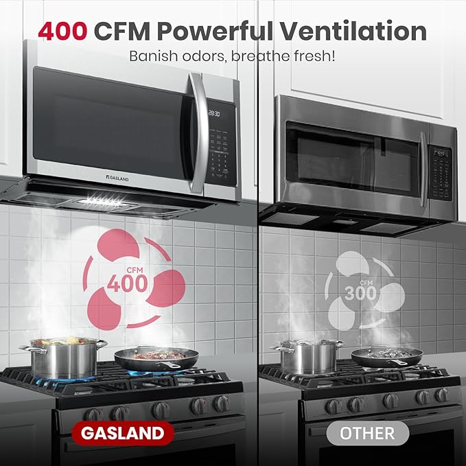 GASLAND 30 Inch Over the Range Microwave Oven, 1.9 Cu.ft. Above Stove Microwave, 11 Power Levels, One Touch Cooking, 400 CFM,1000W, Turntable, Over Stove Microwave, Two-stage Cooking, Stainless Steel