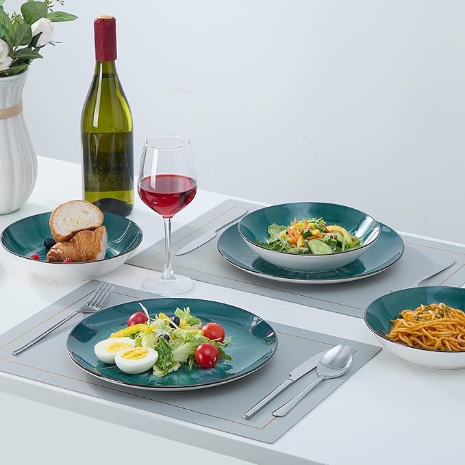Bestone Porcelain Dinnerware Sets Service for 4, 12 pcs Hand drawn Plates and Bowls Sets, Handmade Ceramic Dish Set, Chip Resistant Modern Plate Set, Dishwasher/Microwave Safe，Starburst Green