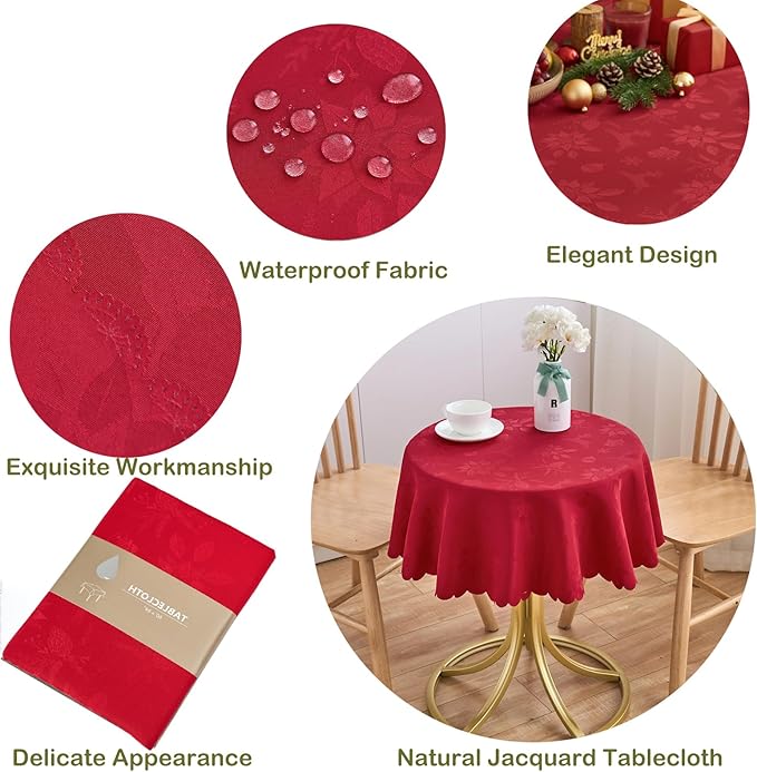 Christmas Round Tablecloth Red Small 40 Inch Table cloths Up to 26" Dia Tables Leaves Pattern Scalloped Edge Waterproof Washable Jacquard Table Cover-Kitchen Dinner Decor Talking Coffee Bar