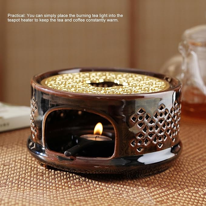 Teapot Warmer Ceramic Teapot Heater with Spoon Lid, Candle Holder for Heating Tea, Coffee and Milk, Universal Teapot Heater Brown