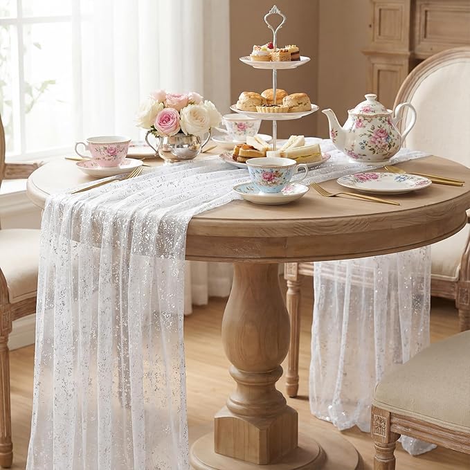Artoid Mode White Silver Gauze Table Runner 59x120 Inch 10FT, Glitter Metallic Foil Sheer Dining Holiday Wedding Anniversary Birthday Table Decor for Home Party
